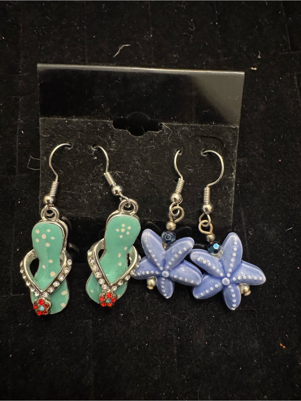 2 Pairs Beach Theme Dangle Earrings Flip Flop Starfish Rhinestone Blue Green